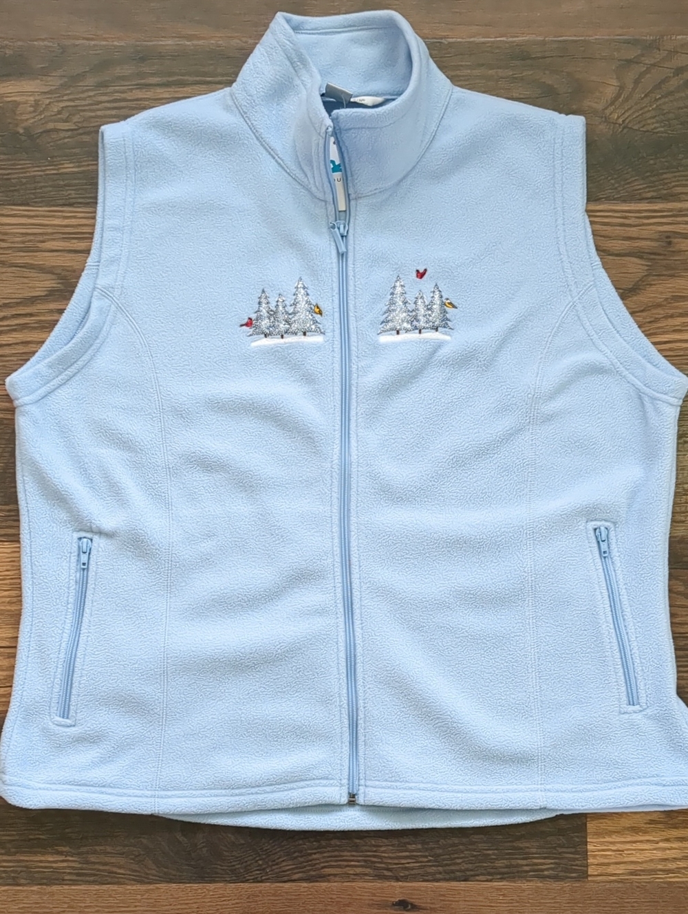 Embroidered Light Blue Fleece Vest, Tri-Mountain, Winter Christmas Tree, XL, NEW
